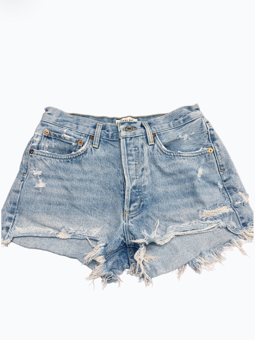 AGOLDE PARKER Denim Shorts Distressed Medium Wash Hidden Button Fly Size 26